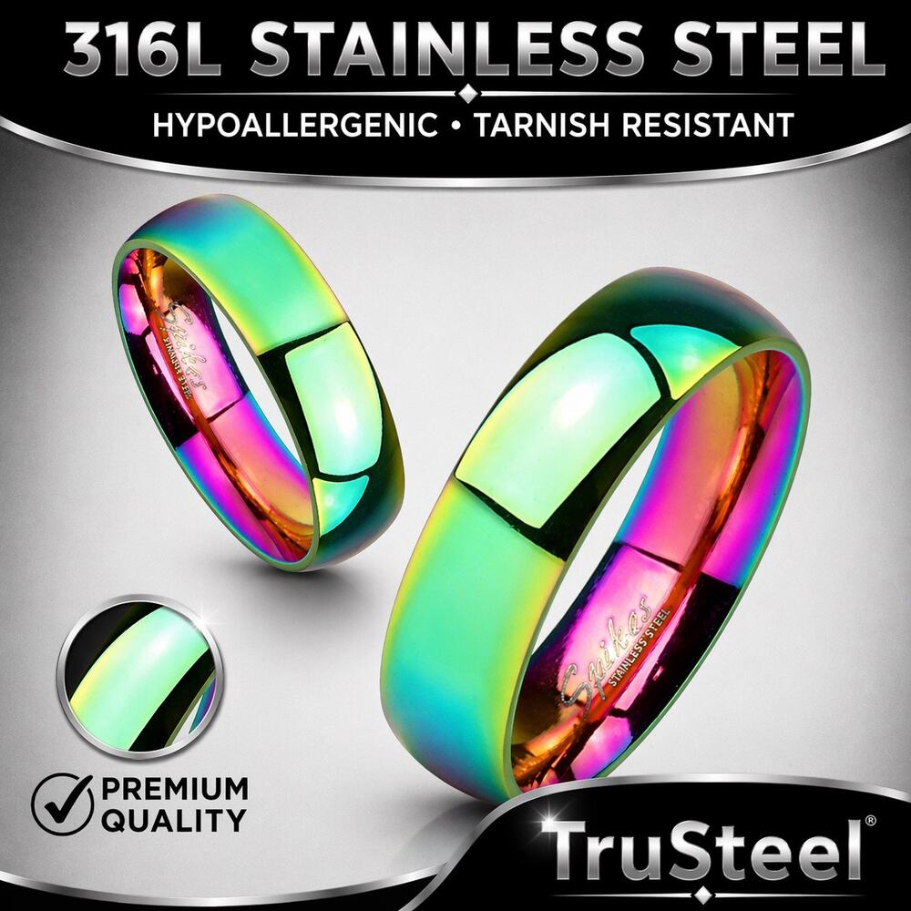 Dome Rainbow IP Stainless Steel Couple Ring 6mm width size 13